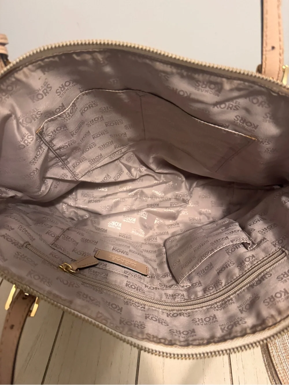 Michael Kors Cream MK Logo Tote with Tan Straps and Gold Charm